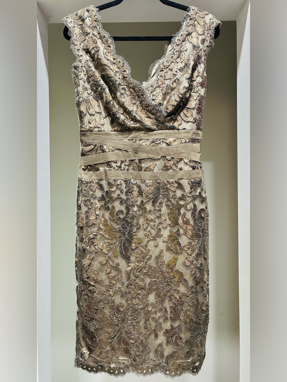 Tadashi Shoji Lace Sequin Cocktail Dress in Champagne and Gold